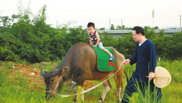 成都父親癡迷國(guó)學(xué) 牽牛送兒上幼兒園走紅網(wǎng)絡(luò)